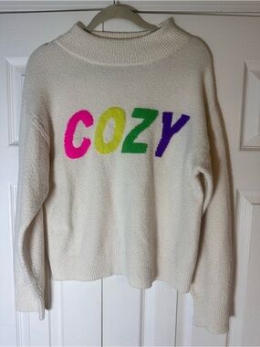 a new day Cream Mockneck Sweater with Bright COZY Letters